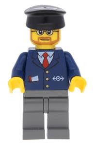 Train Worker Minifigure - Minifigure wears a dark blue suit with a train logo, black hat, beard, glasses, and dark bluish gray legs - trn222