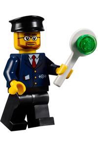 Train Conductor Minifigure - Train conductor with a dark blue suit featuring a train logo, black hat, legs, beard, and glasses - trn223