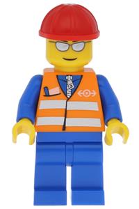 Orange Vest with Safety Stripes - Blue Legs, Silver Glasses, Red Construction Helmet trn225