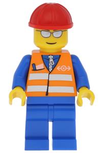 Railway Construction Worker - Worker wearing a red construction helmet with silver glasses, blue legs, & an orange vest with safety stripes - trn225