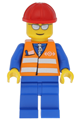 Orange Vest with Safety Stripes - Blue Legs, Silver Glasses, Red Construction Helmet - trn225