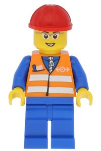 Railway Construction Worker - Railway worker with orange safety stripe vest, blue legs, gray glasses, and a red construction helmet - trn226