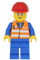 Orange Vest with Safety Stripes - Blue Legs, Gray Frame Glasses, Red Construction Helmet - trn226