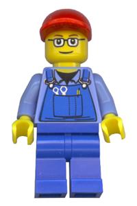 Male in Blue Overalls Minifigure - Minifigure wearing overalls with tools, blue legs, red short bill cap, and glasses with brown thin eyebrows - trn227