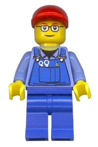Male in Blue Overalls Minifigure - Minifigure with overalls and tools in pocket, blue legs, red short bill cap, and glasses with red thin eyebrows - trn227a