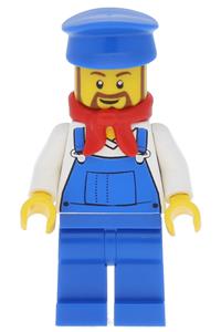 Cargo Train Driver Minifigure - Cargo train driver wearing blue overalls over a v-neck shirt with a blue hat and brown rounded beard - trn228