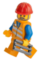 Minifigure with an orange vest with safety stripes, orange legs, red construction helmet, and gray beard - trn229