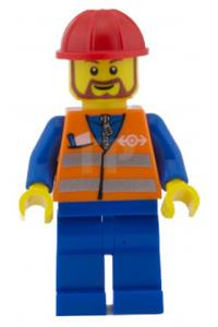 Railway Construction Worker - Minifigure wearing an orange vest with safety stripes, blue legs, a red construction helmet, and a rounded brown beard - trn230