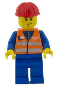 Railway Construction Worker - Minifigure with a red construction helmet, wearing an orange vest with safety stripes, blue legs, and brown eyebrows - trn231