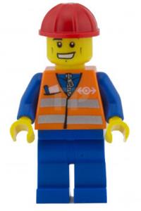 Railway Construction Worker - Construction Worker with safety stripes on orange vest, blue legs, cheek lines and wide grin, wearing a red construction helmet - trn232