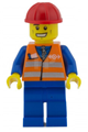 Orange Vest with Safety Stripes - Blue Legs, Cheek Lines and Wide Grin, Red Construction Helmet - trn232