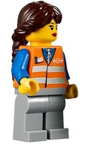 Railway Construction Worker - Minifigure with a safety-striped orange vest, light bluish gray legs, and dark brown long french braided ponytail - trn233