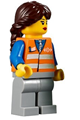 Minifigure with a safety-striped orange vest, light bluish gray legs, and dark brown long french braided ponytail - trn233
