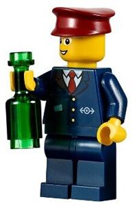 Steward Minifigure - Steward with a dark blue suit featuring a train logo, dark blue legs, and a dark red hat - trn234