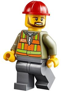Male in Orange Safety Vest - Minifigure with a brown beard wearing a red construction helmet, light orange safety vest, and dark bluish gray legs - trn235