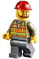 Light Orange Safety Vest, Dark Bluish Gray Legs, Red Construction Helmet, Black Beard - trn235a