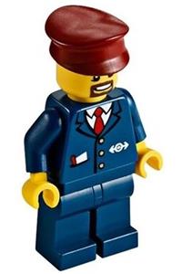 Conductor Minifigure - Minifigure wearing a dark blue suit with train logo, dark blue legs, dark red hat, and brown moustache and goatee - trn237