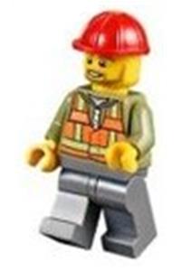 Light Orange Safety Vest, Dark Bluish Gray Legs, Red Construction Helmet with Headset, Brown Moustache and Goatee trn238