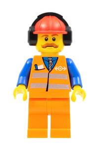Railway Construction Worker - Minifigure with an orange vest featuring safety stripes, orange legs, red construction helmet with a headset - trn240