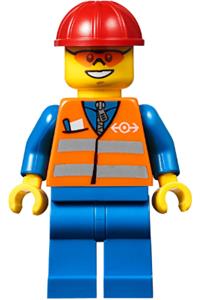 Railway Construction Worker - Minifigure wearing an orange vest with safety stripes, blue legs, red construction helmet, and orange sunglasses - trn241