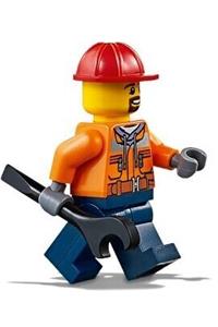 Forklift Driver Minifigure - Forklift driver with chest pocket zippers, belt over dark gray hoodie, dark blue legs, red construction helmet, and brown beard - trn242