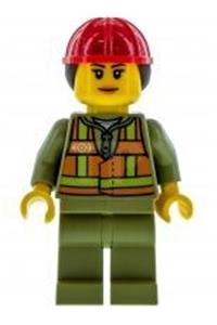 Train Worker Minifigure - Female train worker with an orange safety vest with lime straps, olive green legs, and a red construction helmet with a ponytail - trn246