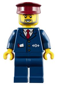 Train Conductor Minifigure - Minifigure wearing a dark blue suit with a train logo, dark blue legs, a dark red hat, and a gray beard - trn248