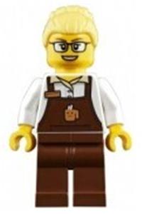 Female Barista Minifigure - Female minifigure with bright light yellow hair in a large high bun, wearing reddish brown apron with cup and name tag pattern, and glasses - trn249