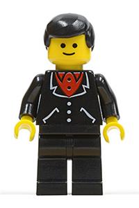 Male in Black Suit Minifigure - Male minifigure in a black suit with 3 buttons, black legs, and brown hair - trn251