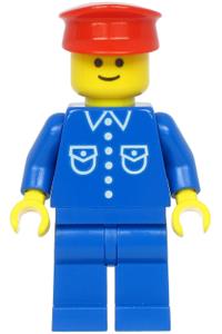 Male Minifigure - Minifigure with a blue shirt with 6 buttons, blue legs, and a red hat - trn252