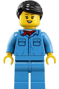 Female Train Worker Minifigure - Train Worker - female with black hair, medium blue shirt with red bandana and medium blue legs - trn253