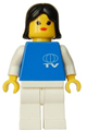 Minifigure with TV logo small pattern, white legs, and black female hair - tv001