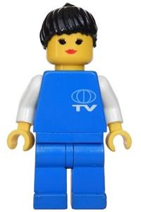 TV Crew Minifigure - Minifigure with small pattern TV logo, black ponytail hair, and blue legs - tv002