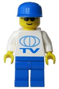 TV Crew Minifigure - Minifigure wearing blue cap, sunglasses, blue legs, and TV logo large pattern - tv003