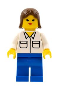 Female Minifigure - Female with a shirt having 2 pockets, blue legs, and brown female hair - twn001