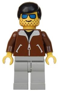 Male with Jacket Brown Minifigure - Male minifigure with black hair and sunglasses, wearing a light gray jacket and black legs - twn003
