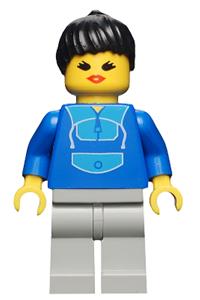 Female in Jogging Suit Minifigure - Minifigure in a jogging suit with light gray legs, black ponytail hair, and an open mouth - twn007