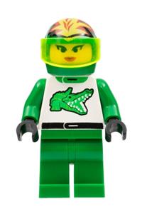 Race Driver Minifigure - Lucky race driver in green alligator costume wearing a helmet with flames design - twn008