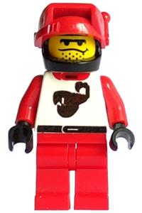 Race Driver Red Scorpion Minifigure - Driver in a red scorpion suit and black helmet - twn009