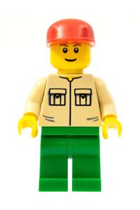 Male Minifigure - Minifigure with a shirt featuring 2 pockets and no collar, green legs, and a red cap - twn011