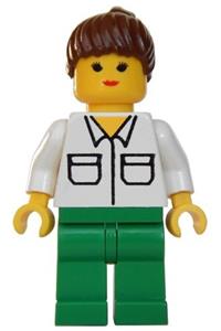 Male with Shirt with 2 Pockets - Minifigure with brown ponytail hair, wearing a shirt with 2 pockets and green legs - twn014