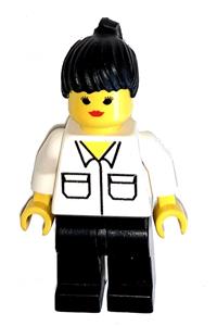 Female Minifigure - Minifigure wearing a shirt with 2 pockets, black legs, and black ponytail hair - twn016