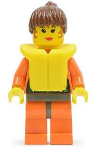 Female in Life Jacket Minifigure - Minifigure wearing an orange Rock Raiders shirt with brown ponytail hair and a life jacket - twn022