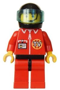 TV Crew Pilot Minifigure - Pilot wearing a red jacket with a TV logo enclosed in a globe, red legs with black hips, and a headset pattern on the head - twn025