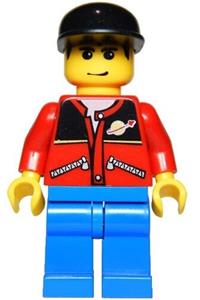 Passenger Minifigure - Minifigure wearing a red jacket with zipper pockets and Classic Space logo, blue legs, and a black cap - twn027