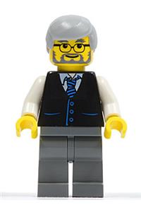 Male in Black Vest Minifigure - Minifigure has white arms, dark bluish gray legs, and wears a black vest with a blue striped tie. Wears glasses and light bluish gray male hair - twn028