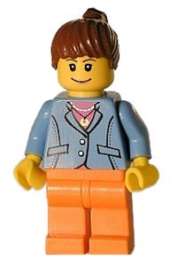 Female Minifigure - Minifigure with a medium blue jacket, reddish brown ponytail hair, and orange legs - twn029