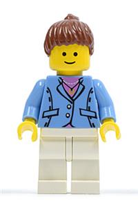Female Minifigure - Minifigure with medium blue jacket, white legs, and reddish brown ponytail hair - twn031