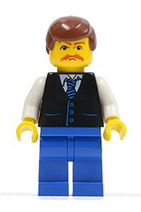 Passenger Businessman Minifigure - Black Vest with Blue Striped Tie, Blue Legs, White Arms, Reddish Brown Male Hair, Moustache - twn033