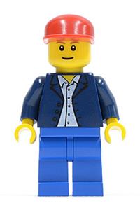 Passenger Minifigure - Minifigure wearing a dark blue jacket over a light blue shirt, with blue legs and a red cap - twn035